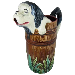 Orchies French Barbotine Majolica Jug, Dog in a Barrel, circa 1886-1900
