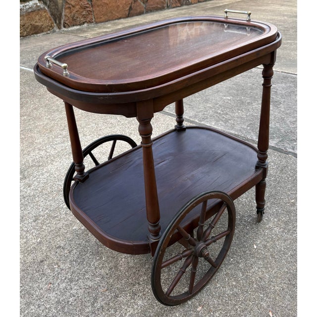 Lovely English bar cart or tea cart with removable glass and wood tray