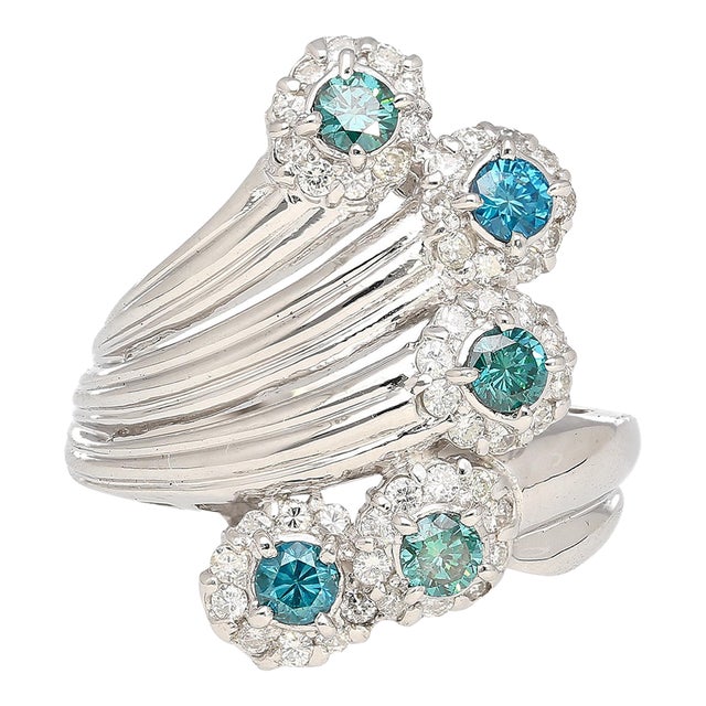 0.62 Carat Round Blue and White Diamond 5-Row Curved Platinum Ring Size 7.25 For Sale