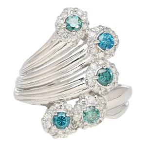 0.62 Carat Round Blue and White Diamond 5-Row Curved Platinum Ring Size 7.25