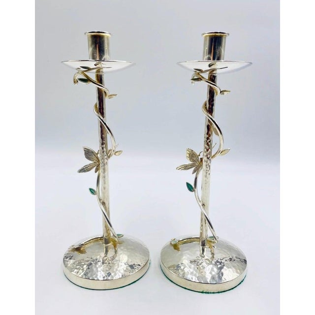 Emilia Castillo Pair of Emilia Castillo Silver-Plated Candlesticks With Emerald Stone Inlay For Sale - Image 4 of 18