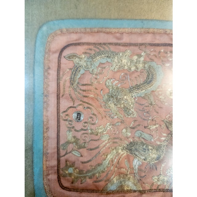 Glass 19th Century Chinese Chinoiserie Silk Embroidered Panel With Dragon and Phoenix For Sale - Image 7 of 11