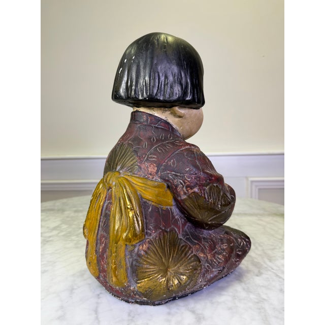 Antique 1930s Art Deco Esther Hunt Style Polychrome Chalkware Seated Asian Child Figurine For Sale In West Palm - Image 6 of 9