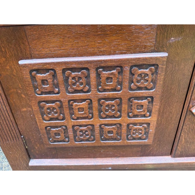 Antique French Art Deco Style Marble Top Oak Wood Cabinet Sideboard With Geometric Front For Sale - Image 17 of 18