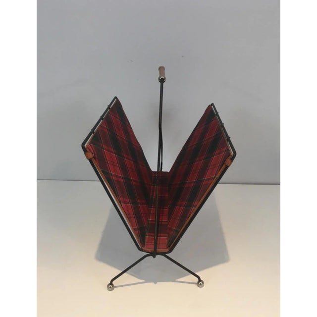 Mid-Century Modern Black Lacquered Metal, Leather and Plaid Fabric Magazine Rack For Sale - Image 3 of 13
