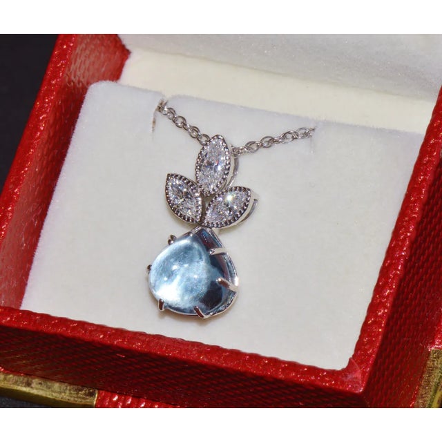 Certified Natural 3.94Cts VS F Diamond Aquamarine 18K Solid Gold Milgrain Pendant Necklace For Sale - Image 10 of 10