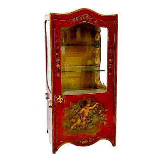 Antique Tabletop Hand-Painted, Fabric-Lined Display Cabinet With Glass Shelves For Sale