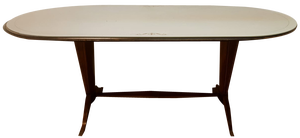 Dining Table in Brass and Wood with Decorated Glass Top