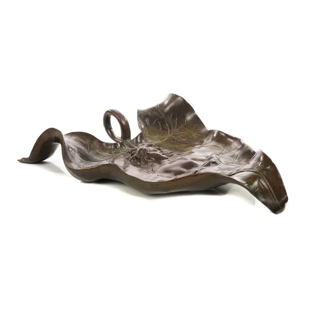 Brown Art Nouveau Leaf Bronze Tray Sculpture With Nude Maiden Bust For Sale - Image 8 of 9