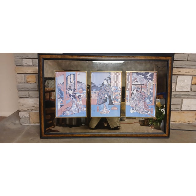 Paper 1960s Vintage Japanese Ink on Paper Woodblock Print Triptych - Framed Mirror Art For Sale - Image 7 of 12