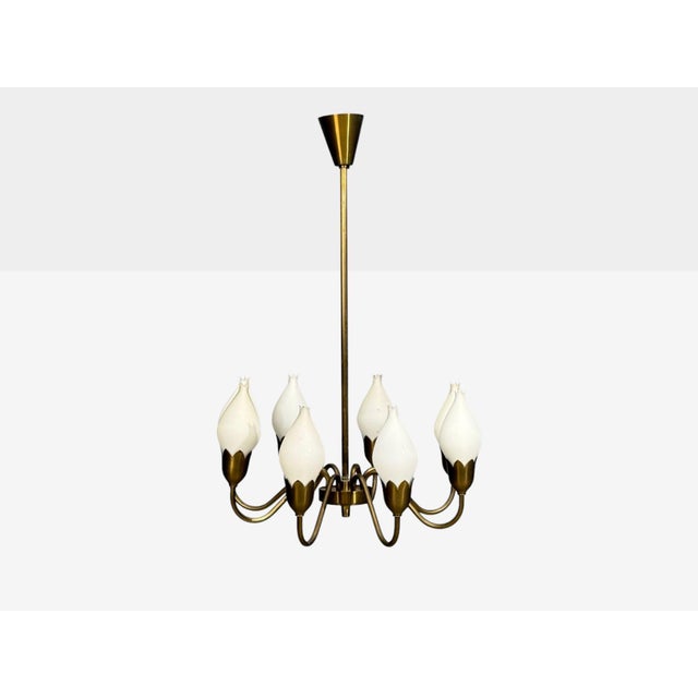 Mid-Century Modern 1950s Mid-Century Modern Fog & Mørup, Tulip Chandelier, Opal Glass, Brass For Sale - Image 3 of 12