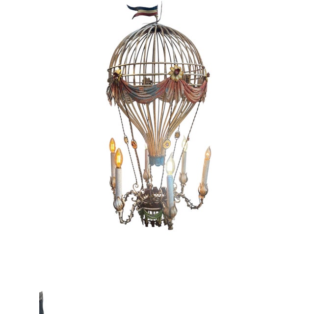 Lovely, Whimsical, Vintage, French Style, metal tole, Hotair balloon chandelier, made in Italy, 1950s. This chandelier is...