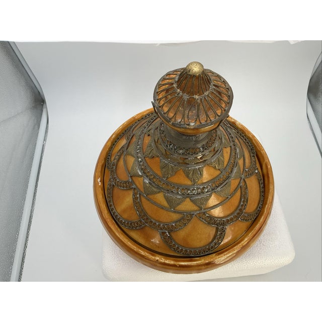 Ceramic Vintage Moroccan Tagine Ceramic Silver Tone Filigree Metal Overlay Ornate For Sale - Image 7 of 10