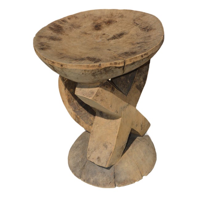 1950s Vintage Pale Rustic Wood Carved African Round Tonga Stool / Work Table with Cross Shape For Sale