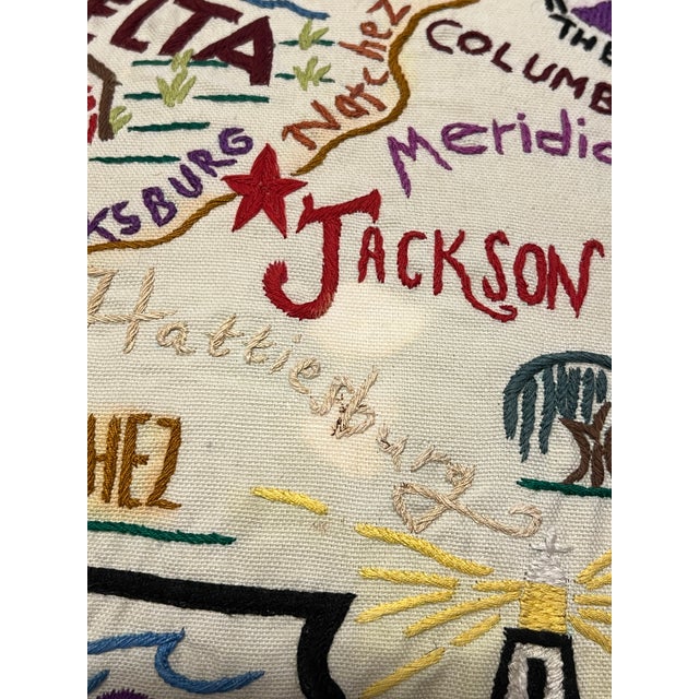 Textile Vintage Catstudio 2003 Mississippi Embroidered Decorative Pillow For Sale - Image 7 of 12
