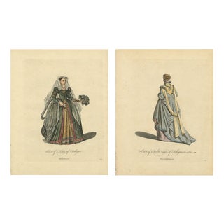 European School, Bologna Renaissance Costume Fashion Pair, 1749, Paper Engraving For Sale
