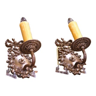 Pair of Mid-Century French Louis XV Bronze Single-Light Wall Sconces For Sale