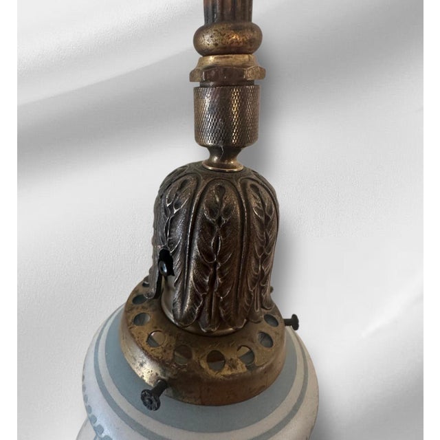 Antique Brass Floor Lamp With Blue and White Shade For Sale In South Bend - Image 6 of 12