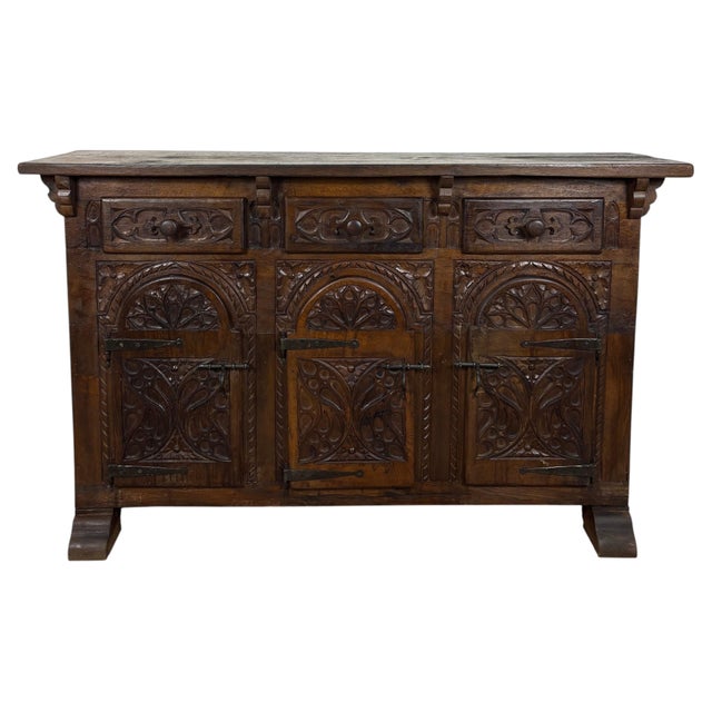 Spanish Carved Oak Sideboard Cabinet with Three Doors and Drawers, 1860s For Sale - Image 6 of 13