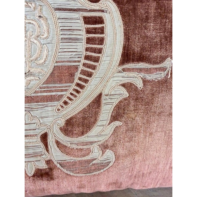 French Neoclassical-Style Embroidered Monogram Velvet Lumbar Pillow For Sale - Image 4 of 7