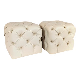Pair Modern Teuco Furniture Italian Leather Beige Tufted Pouf/Ottoman For Sale