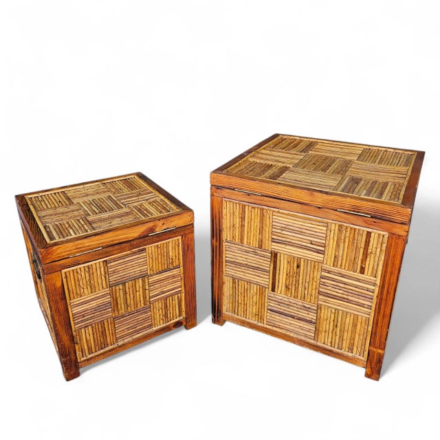 Wood Pair of Vintage Chinoiserie Split-Bamboo Woven Trunks/Chests With Brass Dragon/Phoenix Latches For Sale - Image 7 of 11