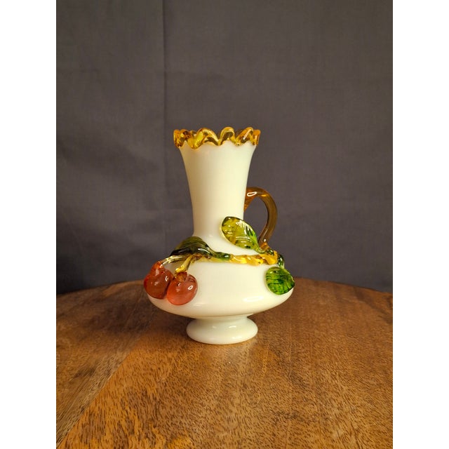 Antique Stevens & Williams Uranium Custard Glass Vase Applied Fruit Cherries 5" C. 1880 For Sale - Image 12 of 18