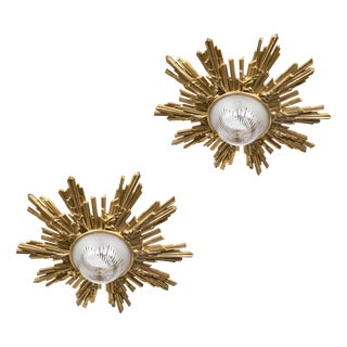 Pair of Gilt Bronze Midcentury Sunburst Light Fixtures with Frosted Glass For Sale