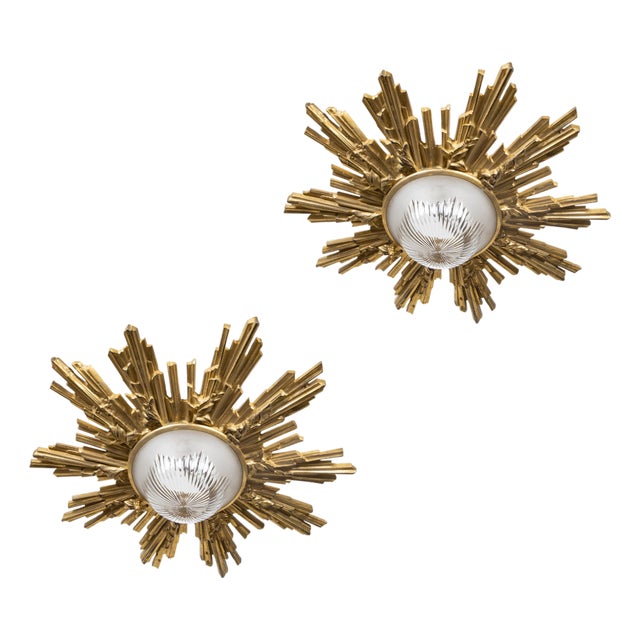 Pair of Gilt Bronze Midcentury Sunburst Light Fixtures with Frosted Glass For Sale