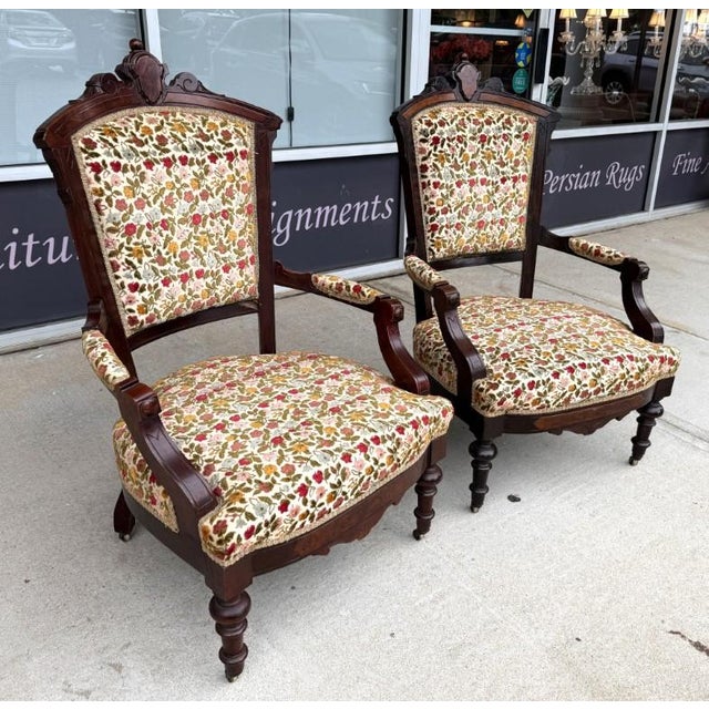 Victorian Pair of Antique Eastlake Walnut Parlor Chairs With Floral Upholstery For Sale - Image 3 of 15