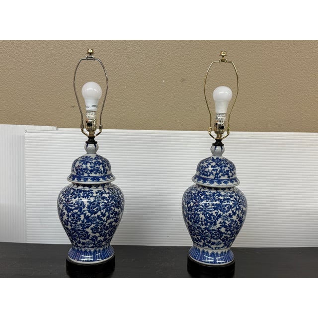 Ceramic Blue & White Ginger Jar Table Lamps, Pair For Sale - Image 7 of 12