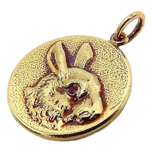 Vintage 14k Gold & Ruby Victorian Inspired Rabbit Pendant-Charm For Sale