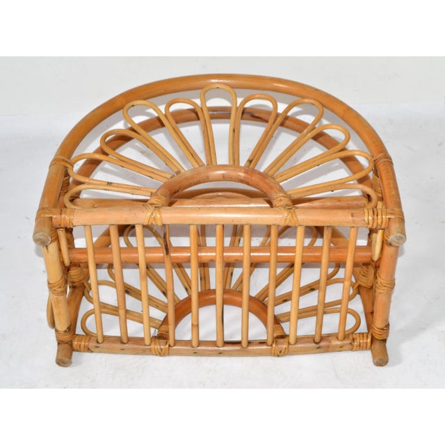 1950s Boho Chic Handmade Bamboo Split Reed Caning Peacock Magazine Stand For Sale - Image 10 of 12