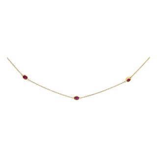 14K Yellow Gold Bezel Set 4x3 mm Oval Red Ruby Station Necklace - 18 Inches For Sale