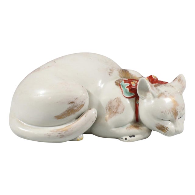 Large Antique Japanese Kutani Porcelain Sleeping Cat Sculpture For Sale