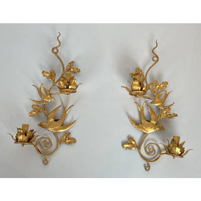 1970s French gilded metal bird wall sconces in the style of Maison Baguès - a Pair For Sale - Image 12 of 12