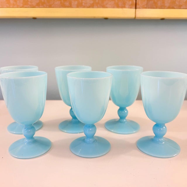 American 1930s Pretty set of 6 Morgantown Americana Turquoise blue opaline cordial glasses // demi crystal // liqueur glasses // blue glasses For Sale - Image 3 of 4