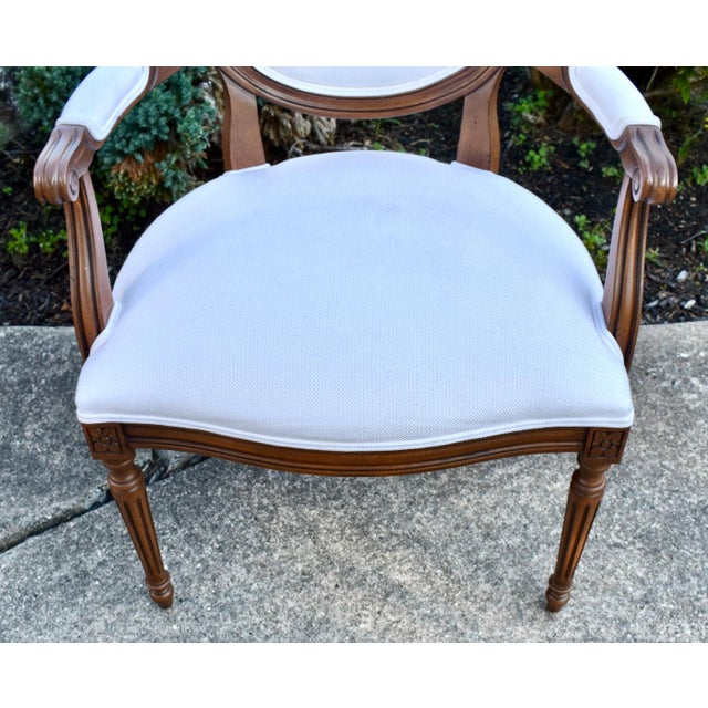 1980s Ethan Allen Francesca Louis XVI Oval Back Armchair Carved Wood French Accent Chair For Sale - Image 5 of 18