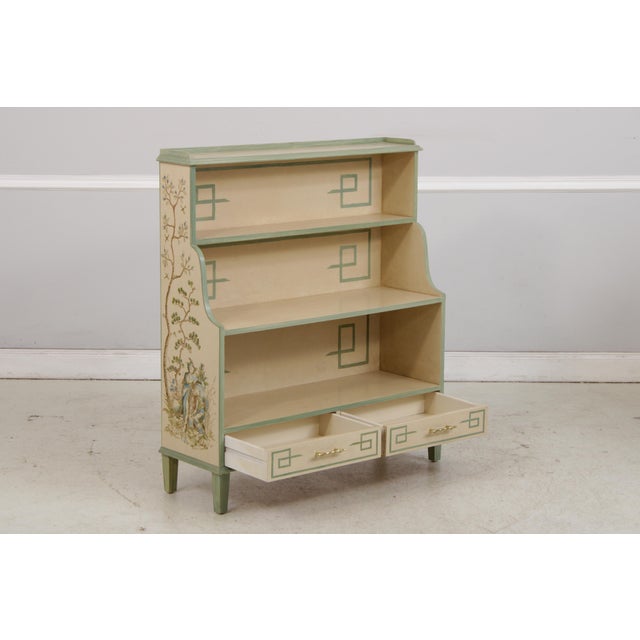 1990s Pair Artist Signed Chinoiserie Style 2 Drawer Open Bookcases For Sale - Image 5 of 18