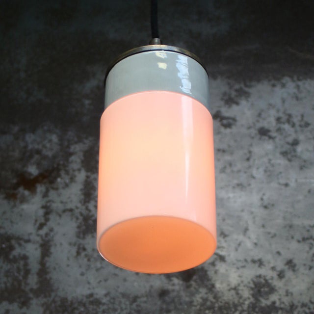 Metal Mid-Century Modern Porcelain and Opaline Glass Pendant Lamp For Sale - Image 7 of 9
