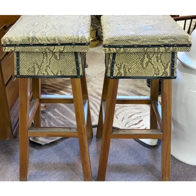Mid Century Faux Snakeskin Upholstered Wood Stools - Signed and Dated 1971 For Sale In New York - Image 6 of 15
