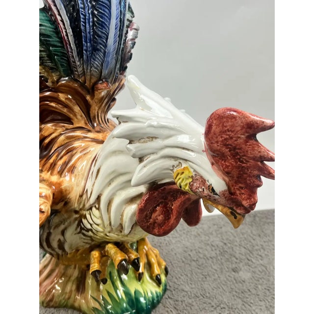 Vintage Hand-Painted Italian Majolica Ceramic Fighting Rooster Sculpture, a Pair 1980's For Sale - Image 13 of 15