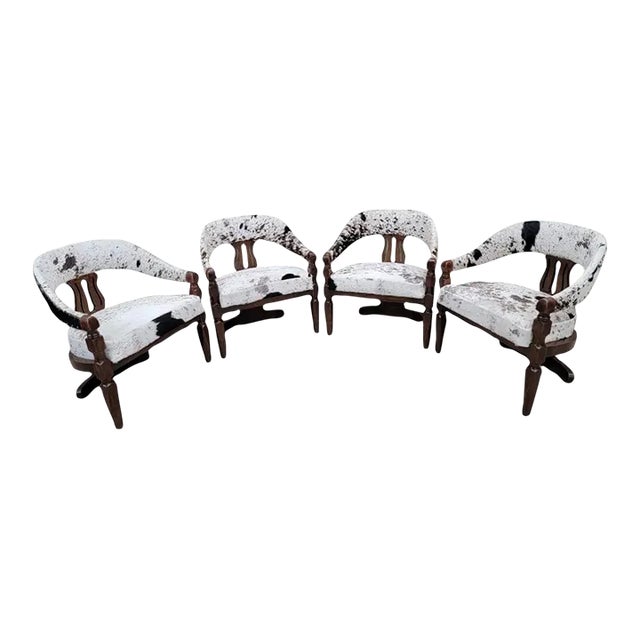 Vintage Asian Inspired Carved Curved Back 3 Leg Dining Chairs Reupholstered in Cowhide - Set of 4 For Sale