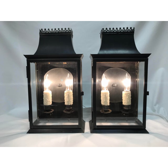 20th Century Regency Style Tole Lantern Wall Sconces Antiqued