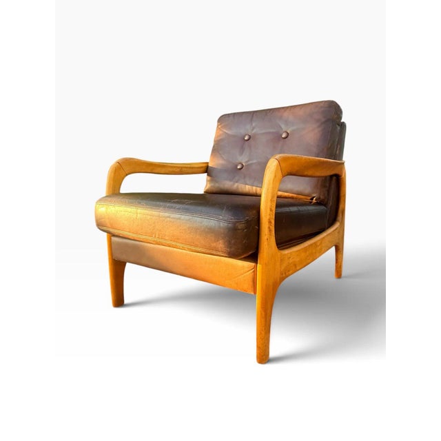 Pair of Danish Modern Leather Lounge Chairs | Sculpted Maple Frames | Brown Leather With Tufted Backs | C. 1960s For Sale - Image 11 of 18