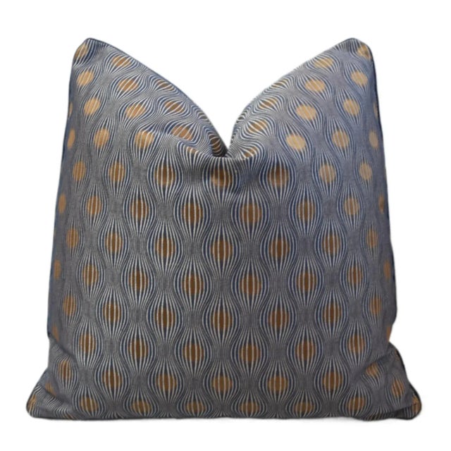 2020s Designer Modern Abstract Optical Blue & Gold Feather/Down Pillow For Sale - Image 5 of 7