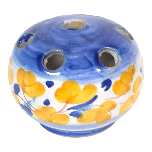 Vintage Italian Hand-Painted Blue & Yellow Floral Ceramic Flower Frog Bud Vase For Sale