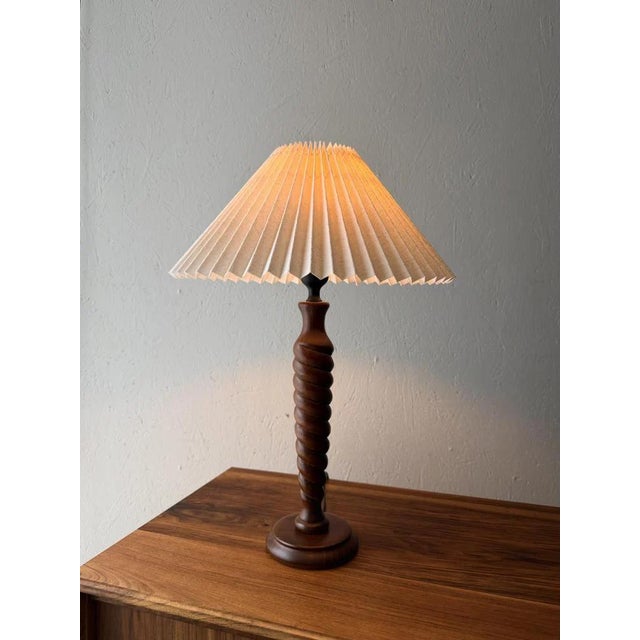 Sculptural Wooden Table Lamp with Pleated Lampshade For Sale - Image 5 of 5