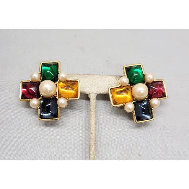 1980s Vintage 1980s Signed Monet Goldtone Jewel Tone Rhinestone & Faux Pearl Pierced Earrings- 2 Pieces For Sale - Image 5 of 7