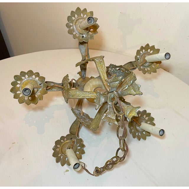 Antique Ornate Art Deco 5 Arm Brass Alabaster Hanging Chandelier Fixture Lamp For Sale - Image 10 of 13